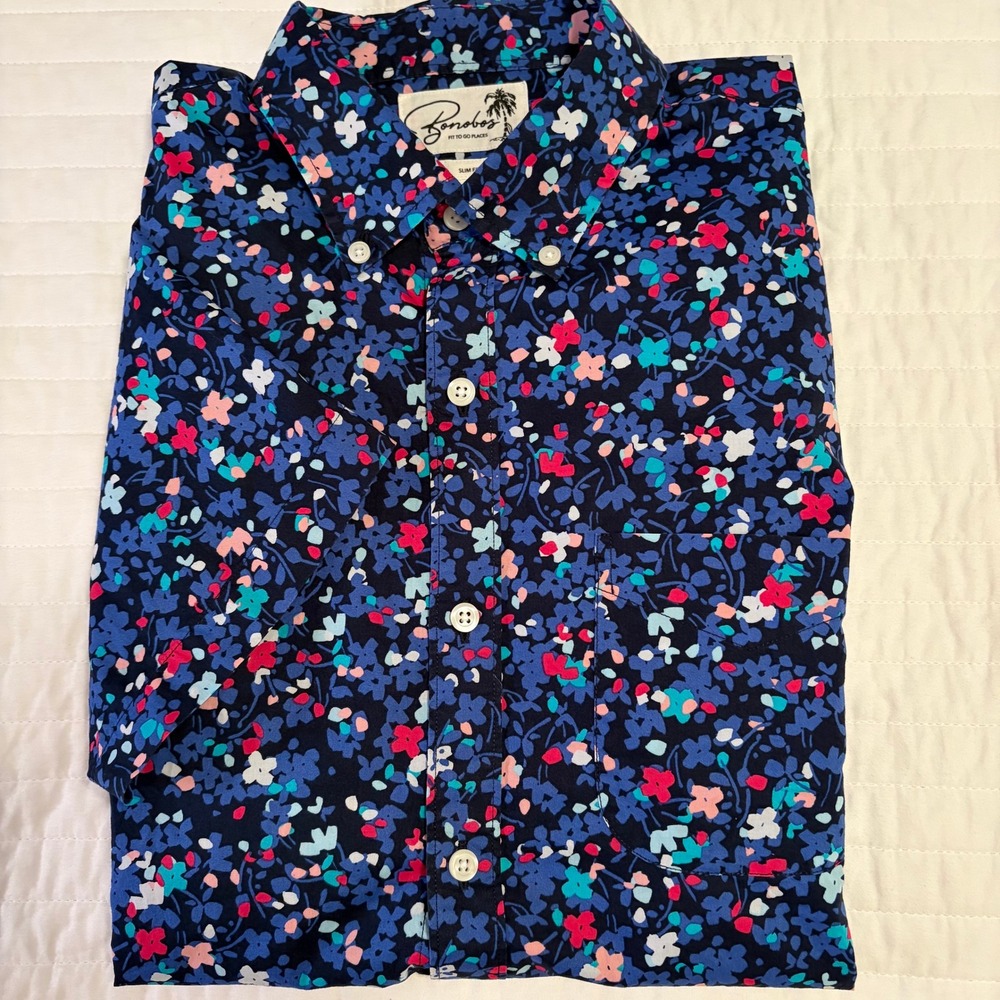 Bonobos Slim Fit Navy Floral Short Sleeve Button Down Shirt Mens Medium